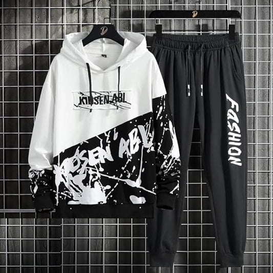 Men's Fleece Printed Black & White Track Suit