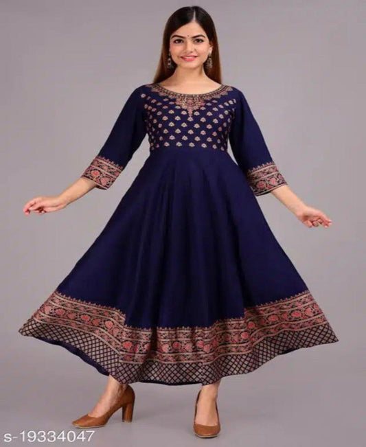 Women Printed Rayon Anarkali Blue Kurti