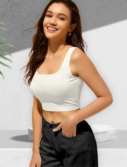 Women Cotton Blend Solid White Crop Top | Tank Top