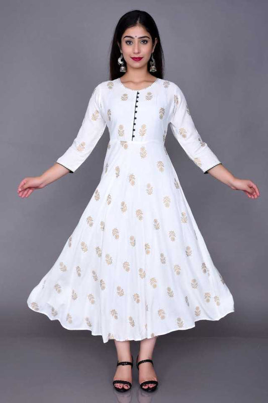 Women Rayon Printed White Kurti