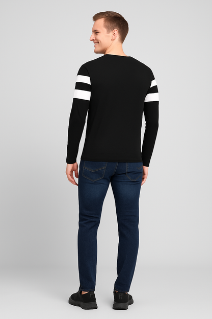 Men’s Black Cotton Blend Full Sleeves T-Shirt with White Stripes – Casual & Streetwear Essentialirt
