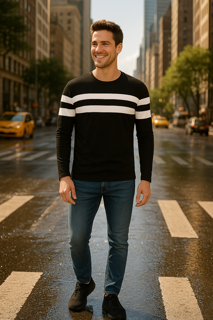 Men’s Black Cotton Blend Full Sleeves T-Shirt with White Stripes – Casual & Streetwear Essentialirt