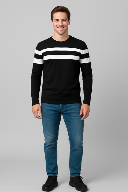 Men’s Black Cotton Blend Full Sleeves T-Shirt with White Stripes – Casual & Streetwear Essentialirt
