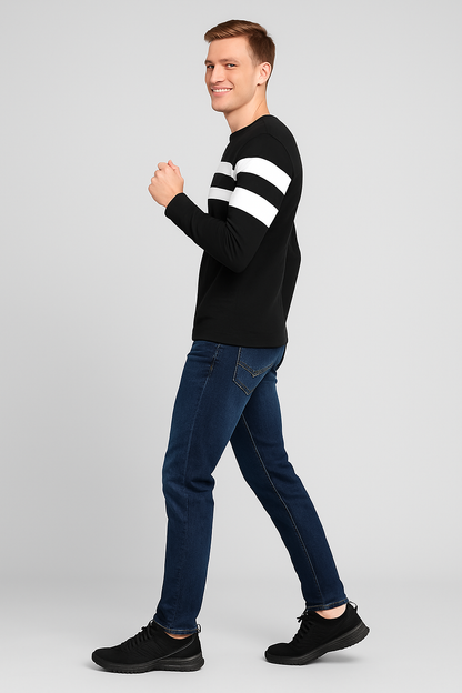 Men’s Black Cotton Blend Full Sleeves T-Shirt with White Stripes – Casual & Streetwear Essentialirt