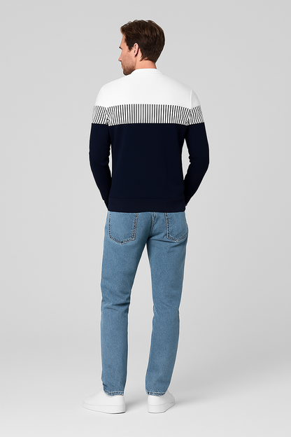 Men's Color Block T-Shirt - Black & White Striped Long Sleeve | Casual & Streetwear Essential