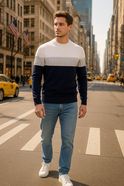 Men's Color Block T-Shirt - Black & White Striped Long Sleeve | Casual & Streetwear Essential