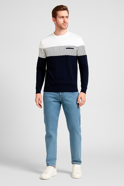 Men's Color Block T-Shirt - Black & White Striped Long Sleeve | Casual & Streetwear Essential