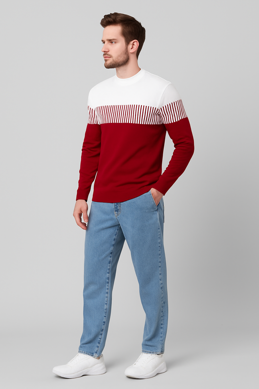 Men’s Cotton Blend Red & White Color Block Full Sleeves T-Shirt – Casual & Streetwear Essential