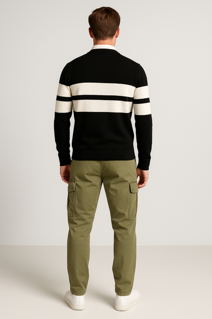 Men’s Black Cotton Blend Color Block T-Shirt with White Stripes – Full Sleeves Casual Wear & Streetwear Essential