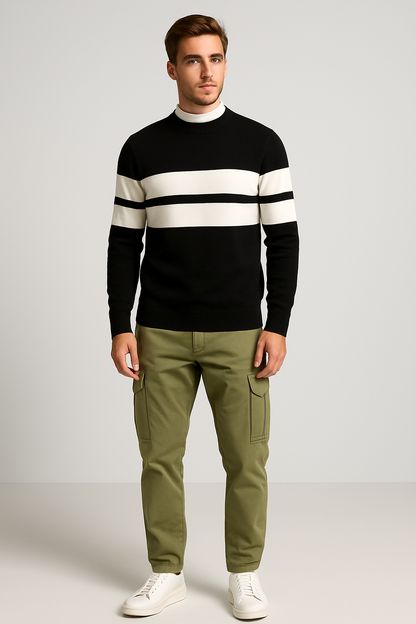 Men’s Black Cotton Blend Color Block T-Shirt with White Stripes – Full Sleeves Casual Wear & Streetwear Essential