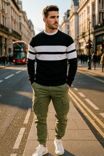 Men’s Black Cotton Blend Color Block T-Shirt with White Stripes – Full Sleeves Casual Wear & Streetwear Essential